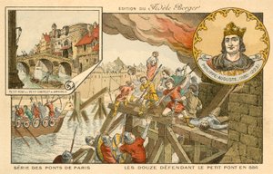 Los Doce defendiendo el Petit Pont contra los vikingos, Sitio de París, 886 de French School